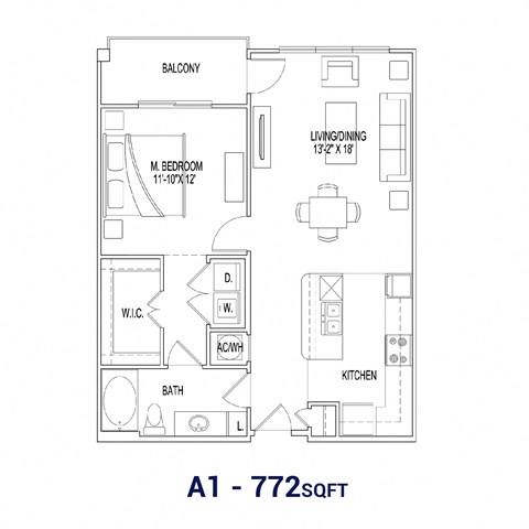 Floor plan for 1 bed, 1 bath, 731 sqft